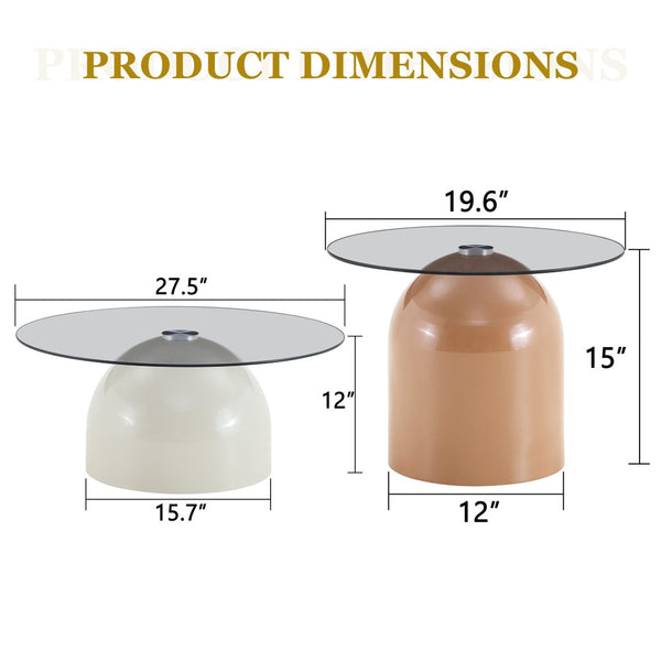 English Elm Nesting Coffee Tables Set of 2 Round Glass Top Steel Frame Living Room Accent W2920P438673