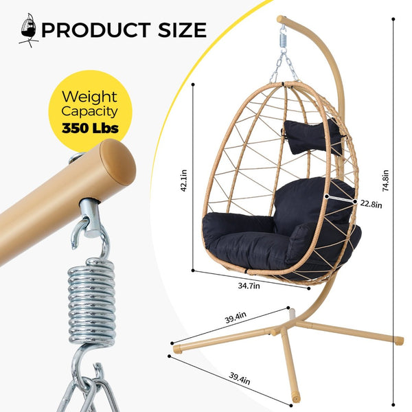 English Elm Hanging Egg Swing Chair Pe Wicker with Stand Washable Cushion Patio or Bedroom T5880P497563