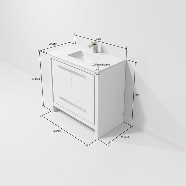 English Elm White Bath Vanity 36 in. W x 20 in. D with White Quartz Top, Soft-Close Storage & 28 in. Mirror Durable B2731S01487