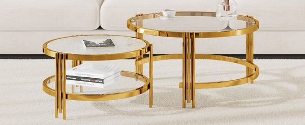English Elm Modern Nesting Coffee Table Set Textured Tempered Glass Gold Tripod Base Living Room N735P354005A