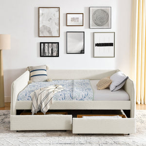 English Elm Daybed With Trundle And Storage Drawers, Upholstered In Beige Boucle, Queen Size For Stylish Comfort W1413S00074