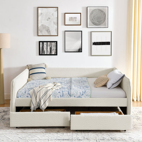 English Elm Daybed With Trundle And Storage Drawers, Upholstered In Beige Boucle, Queen Size For Stylish Comfort W1413S00074