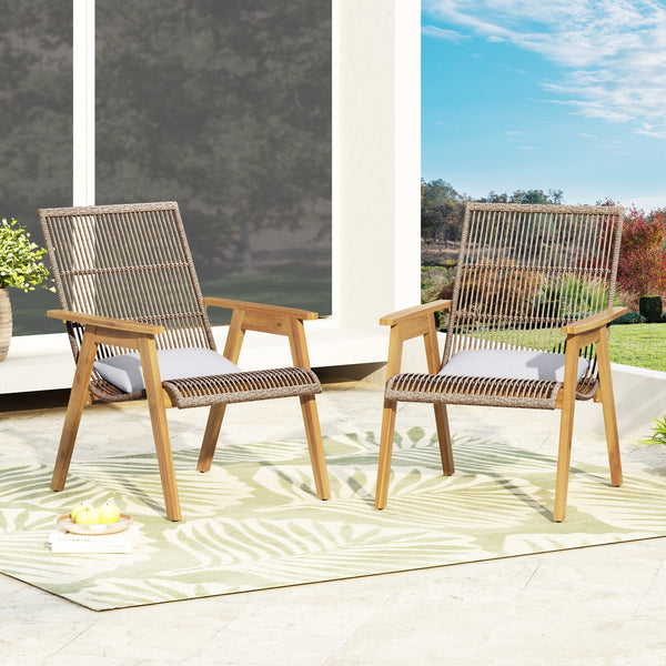 English Elm Christopher Knight Home® - Set of 2 Acacia Wood Lounge Chairs with Cushions — Teak Finish, Natural Wicker, Light Gray Fabric, 400lb Capacity, Patio Seating 26.5"W x 35.25"H 73165.00