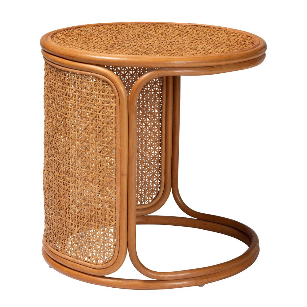 English Elm Bohemian Hand-woven Rattan Round End Table with Open Geometric Base for Living Rooms B2750P467757