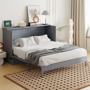 English Elm Queen Murphy Wall Bed with Usb Ports Storage Drawers and Cabinet Style Panel Front Gray N708S00010E