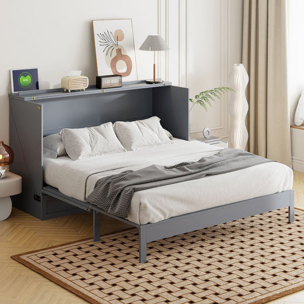 English Elm Queen Murphy Wall Bed with Usb Ports Storage Drawers and Cabinet Style Panel Front Gray N708S00010E