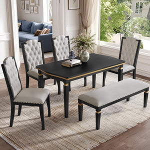 English Elm 6-Piece Kitchen Dining Set with 60" Rectangular Table, Tufted High-Back Chairs & Bench, Durable Wood Black N752S001080B