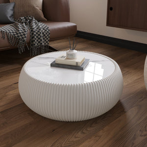 English Elm Light Marble Top Drum-Shaped Coffee Table: Chic Leather-Wrapped Design For Stylish Living Spaces W3081P367626