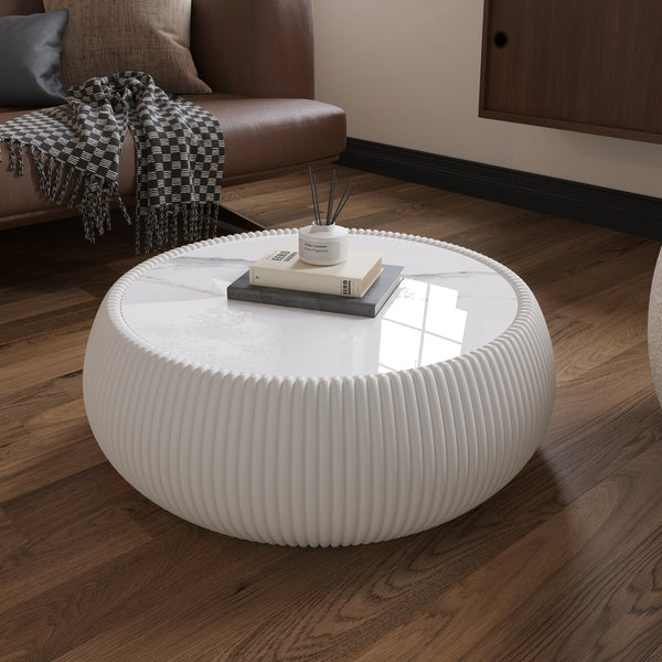 English Elm Light Marble Top Drum-Shaped Coffee Table: Chic Leather-Wrapped Design For Stylish Living Spaces W3081P367626