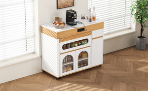 English Elm Trexm Rolling Kitchen Island Extendable Marble Top Cabinet Drawers Power Outlet Creamy White,Natural XW000029AAN