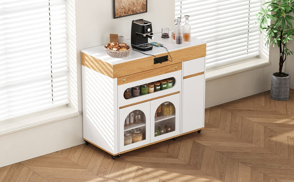English Elm Trexm Rolling Kitchen Island Extendable Marble Top Cabinet Drawers Power Outlet Creamy White,Natural XW000029AAN