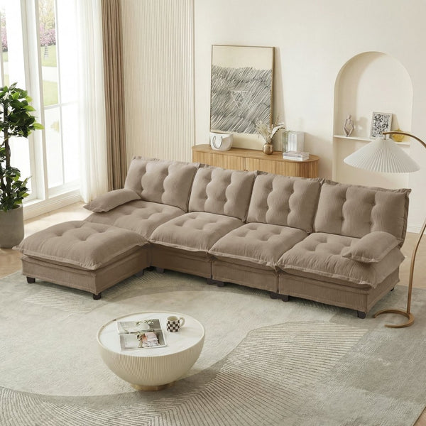 English Elm 138" Chenille Modular Cloud Sectional with Ottoman Deep Seat Lounge Sofa for Apartments Light Coffee W714S01715