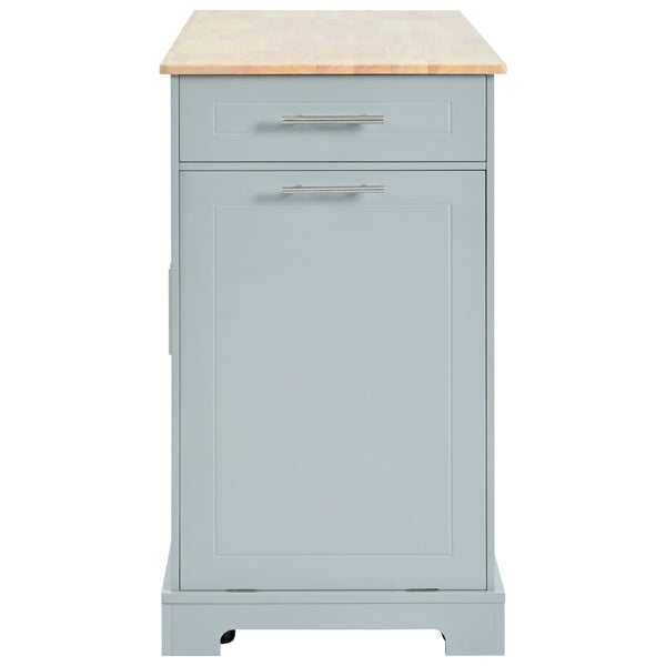 English Elm K&k Rolling Kitchen Island Rubber Wood Top Fluted Cabinet Built-in Charging Station Grey+Blue N707S221571G