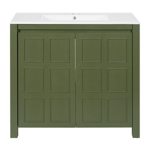 English Elm 36" Bathroom Vanity Organizer with Ceramic Sink, Solid Wood Distressed Finish, Hand-Painted Charm and Ample Storage Olive Green N729P255666F