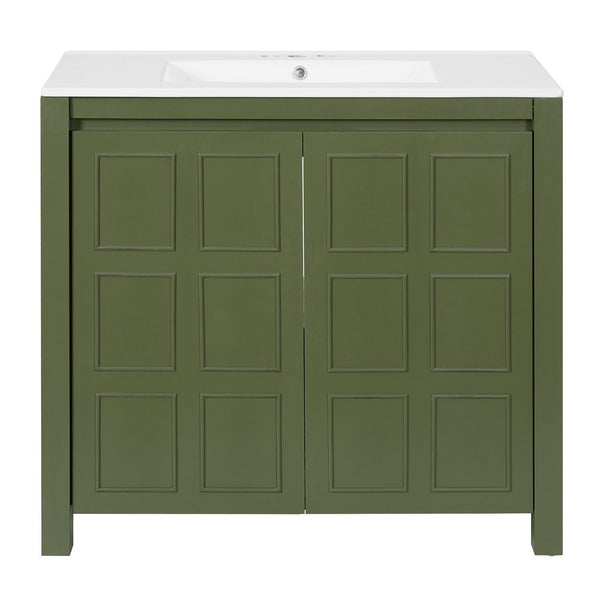 English Elm 36" Bathroom Vanity Organizer with Ceramic Sink, Solid Wood Distressed Finish, Hand-Painted Charm and Ample Storage Olive Green N729P255666F
