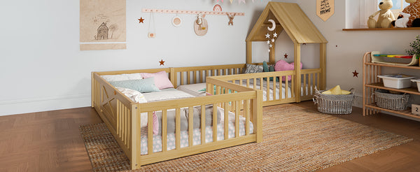 English Elm Twin House Floor Bed with Door & Full-Length Guardrails, Solid Wood Twin Loft Alternative for Kids Natural W1580P327129