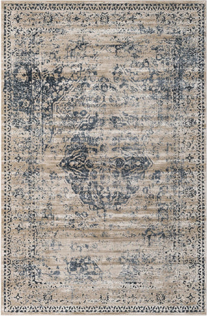 Unique Loom Chateau Hoover Machine Made Border Rug Dark Blue, Beige/Cream/Gray 6' 1" x 9' 0"