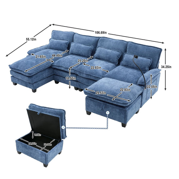 English Elm United U-Shape Sectional Sofa 106" - Modern Chenille Couch With Usb Ports, Storage Ottoman & Pillows W1568S00233-GIGA