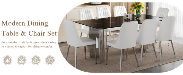 English Elm Table Set With 8 Modern White Pu Chairs - Sleek Imitation Marble Top & Durable Stainless Steel Legs W1151S04189-GIGA