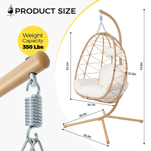 English Elm Hanging Egg Swing Chair Pe Wicker Foldable Frame with Cushion for Patio or Bedroom T5880P497565