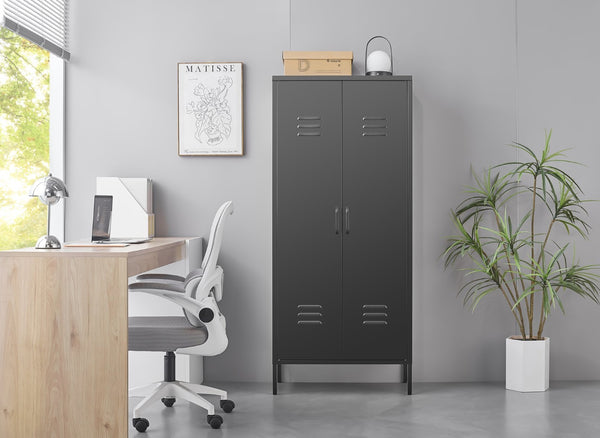 English Elm Metal Locker Cabinet Ventilated Steel Build Adjustable Shelves Industrial Home Organizer Black T3625P391460