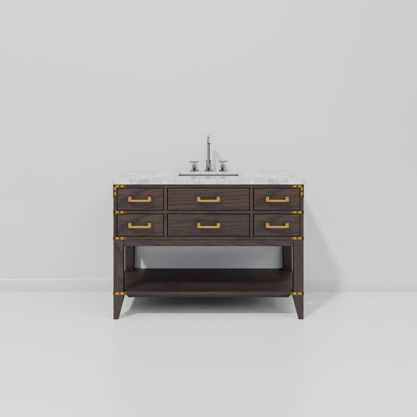 English Elm Brown Oak Single Bath Vanity With Carrara Marble Top & Chrome Faucet – Stylish Storage Solution! B2731P260216