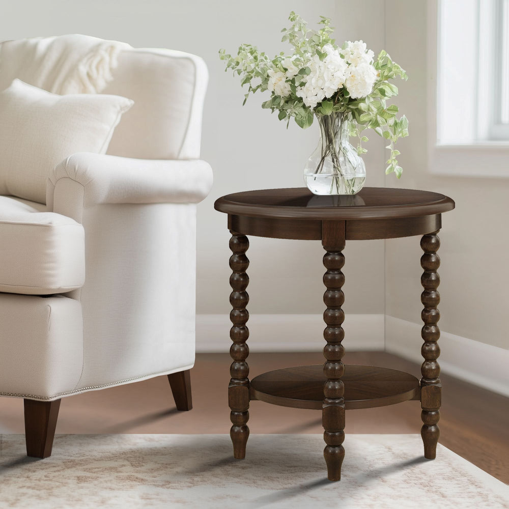 JLA Home Martha Stewart - Round End Table Morocco Brown with Carved Turned Legs, Fixed Shelf & Adjustable Levelers for Stable Elegance MT120-1213