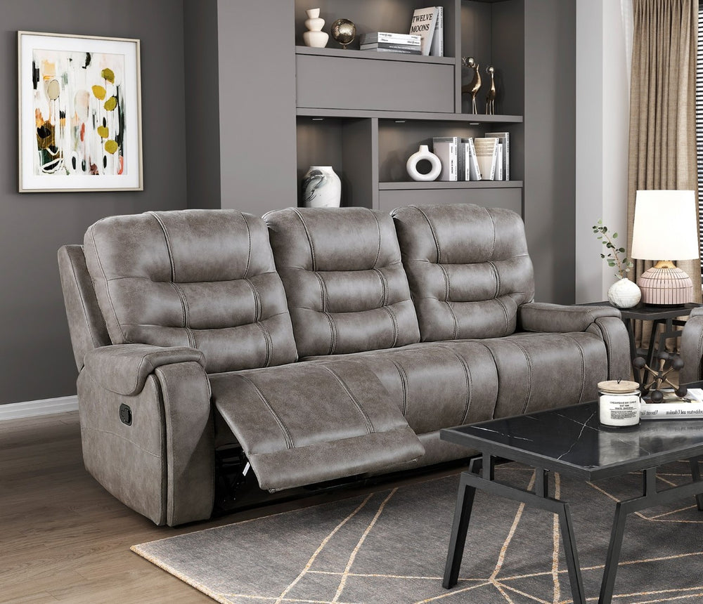 English Elm Grayish Brown Microfiber Reclining Sofa Set with Console Storage for Living Room B011S01264