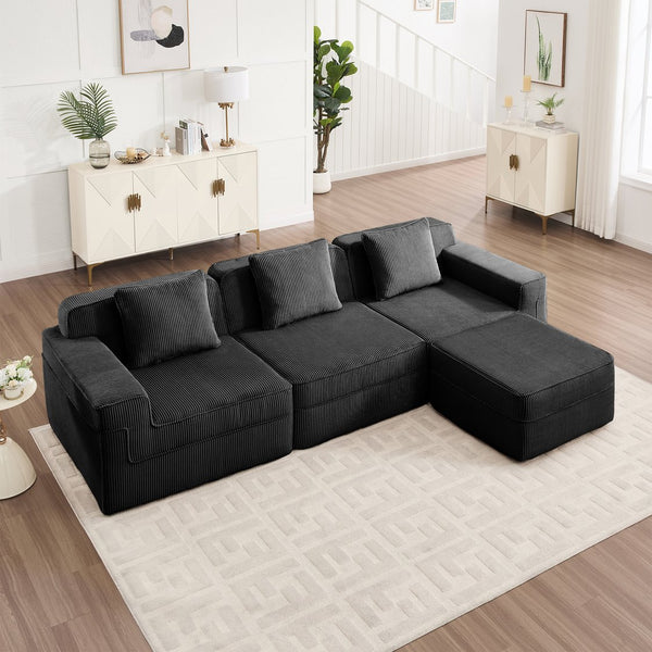 English Elm Modular 3-Seat L-Shape Sectional Couch - Plush Black Corduroy Sofa With Removable Pillows & Ottoman W3041S00325