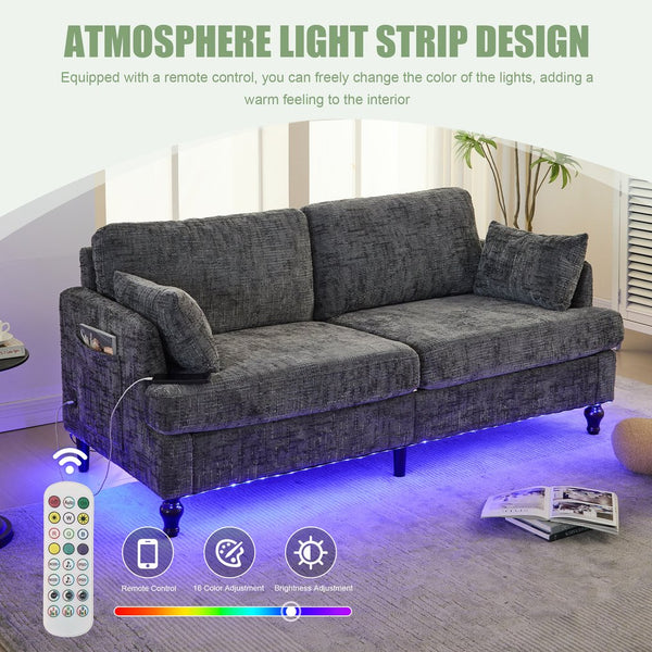 English Elm Modern chenille 2-seater sofa with LED lighting, USB charging, storage pocket, sturdy wood legs Gray W395P318544