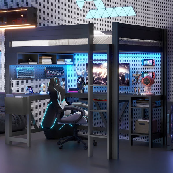 English Elm Wood Full Size Gaming Loft Bed With Integrated Desk, Charging Station & Led Lights - Black Finish N7090004022B-GIGA