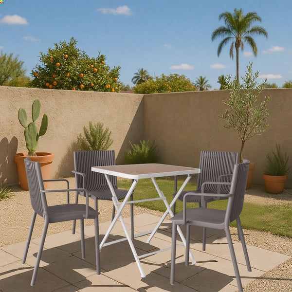 English Elm 4pcs Stackable PP Armchair Set with 55" Modern Long Table – Weatherproof, Ergonomic Outdoor Dining Suite khaki,Warm Grey,White W3450S00029