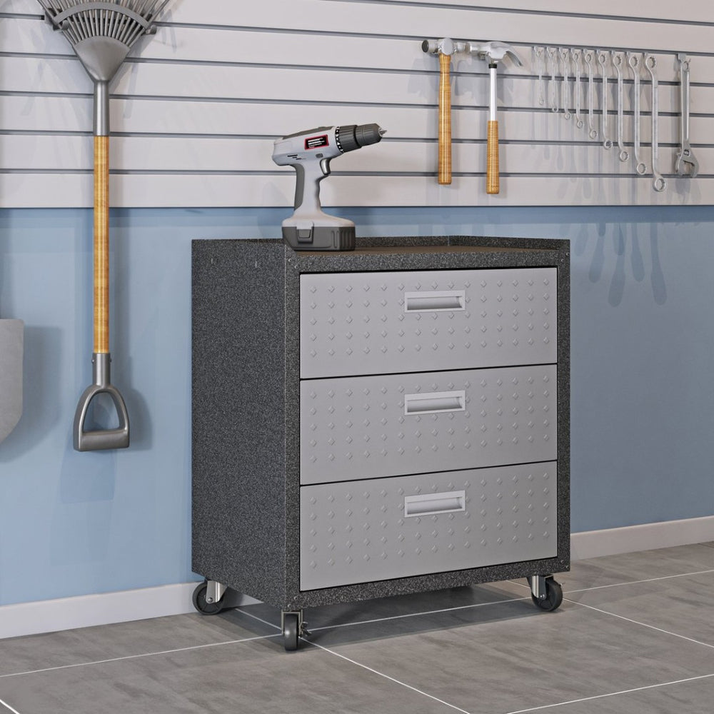 English Elm Rolling Metal Garage Cabinet with Locking Doors Diamond Texture Industrial Storage Dark Grey B365P398226