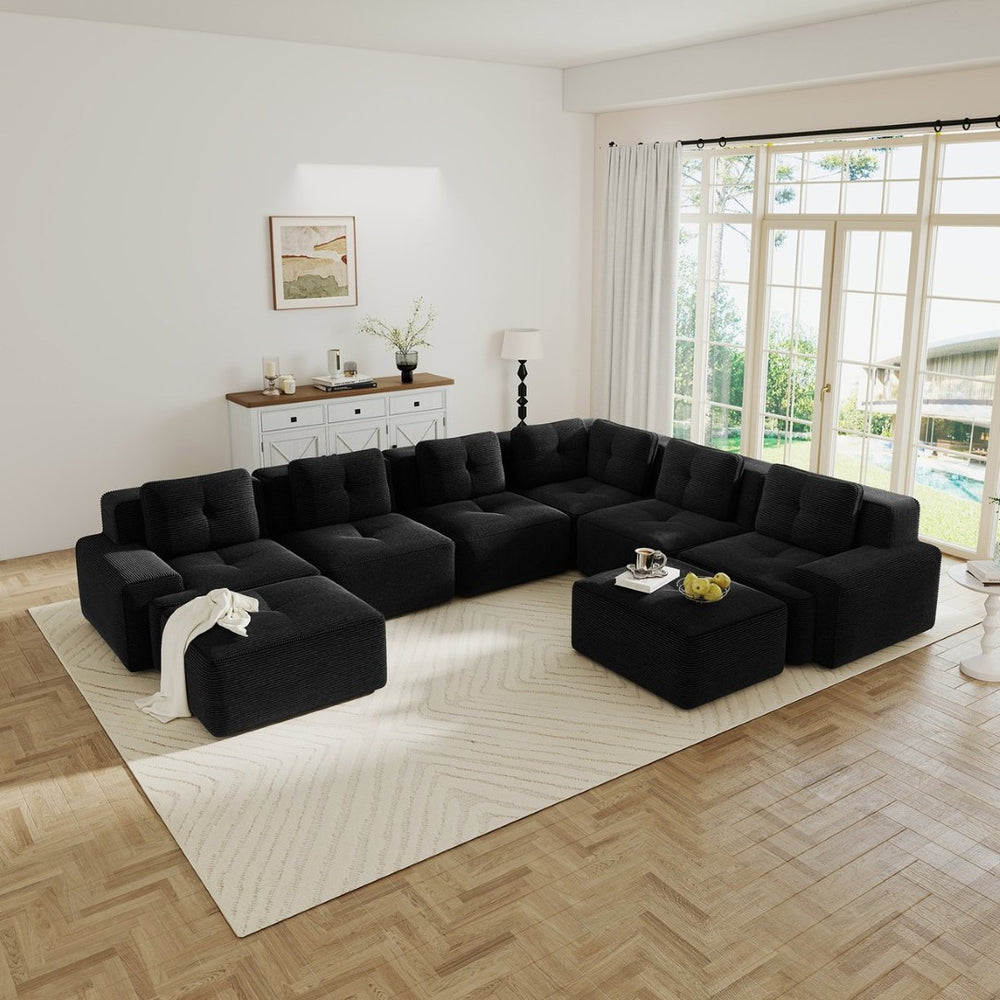 English Elm Modular Corduroy Sectional Sofa 6 Seat V Shaped Corner Couch with Ottomans Living Room Black W714S01587