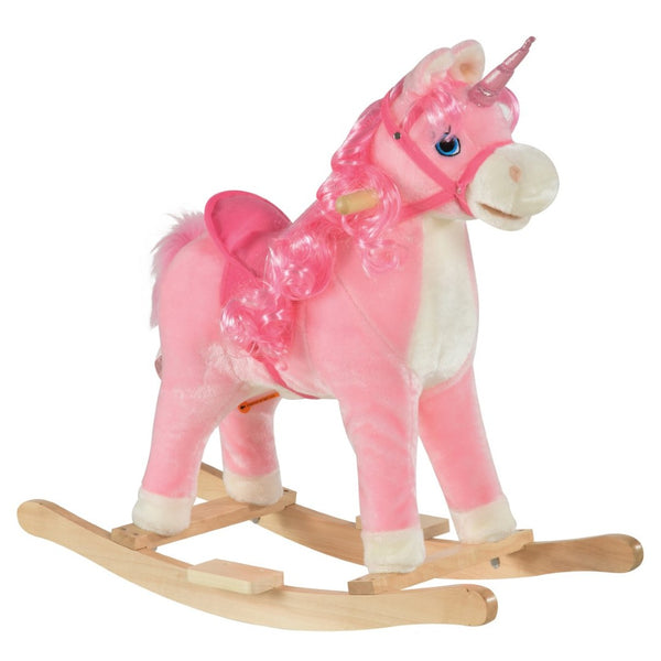 English Elm Qaba Plush Unicorn Rocking Horse with Solid Wood Base Wagging Tail and Fun Sounds W2225P229172