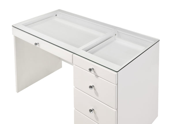 English Elm 1pc Glam Makeup Vanity Table with Glass Top and 9 Drawers Knobs – Sleek Wooden Bedroom Furniture White 46.97 L x 25.87 W x 2 H B2741S00136