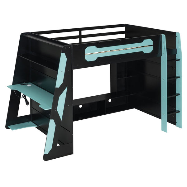 English Elm Full Size Wood Loft Bed with Rgb Lighting Desk Storage and Gaming Console Shelf Blue LT000260AAC