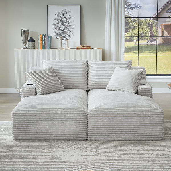 English Elm Compressible Corduroy Double Chaise Lounge with Cupholders, No Assembly, Spring-Padded Comfort Sleeps 94 LIGHT GREY W2339P346395