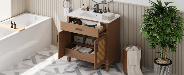 English Elm Christopher Knight Home® - 36" Rattan Bathroom Vanity with Ceramic Sink and Soft-Close Drawers, Handwoven Door Texture, Solid Wood Legs, Spacious Storage Elegance Brown N817P271077B