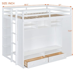 English Elm Full Size Loft Bed with Led Lighting Wardrobe Drawers and Shelves for Teen Rooms White LT000499AAK