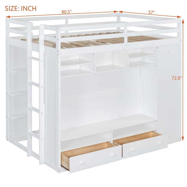 English Elm Full Size Loft Bed with Led Lighting Wardrobe Drawers and Shelves for Teen Rooms White LT000499AAK