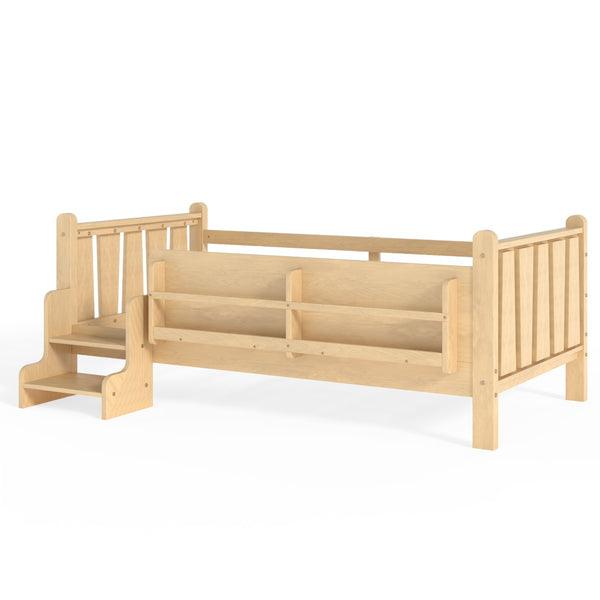 English Elm Twin Pine Floor Bed with Guardrails Built-in Bookcases and Stair Steps for Kids W1580P430184