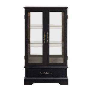 English Elm Lighted Curio Cabinet With Adjustable Shelves & Built-In Drawer - Elegant Display With Lighting, Black W1758P297549