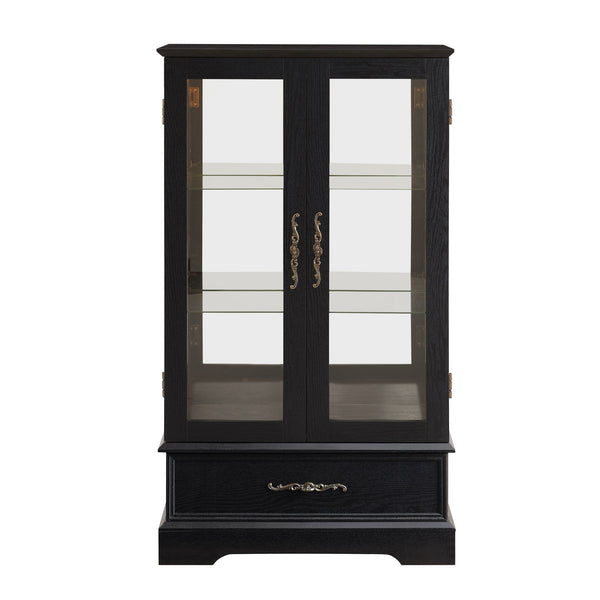 English Elm Lighted Curio Cabinet With Adjustable Shelves & Built-In Drawer - Elegant Display With Lighting, Black W1758P297549