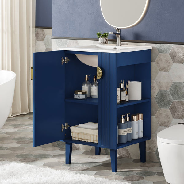 English Elm 20-inch French Style Bathroom Vanity with Integrated Ceramic Sink, Carved Accents & Soft-Close Door Blue N710P330971C