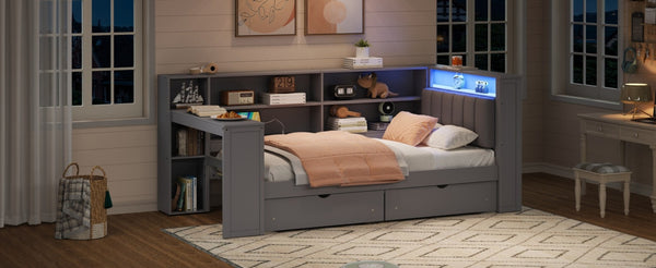 English Elm Wood Twin Size Platform Bed With Storage, Usb Charging, Desk, Led Lighting & Upholstered Headboard N7090001046E-GIGA