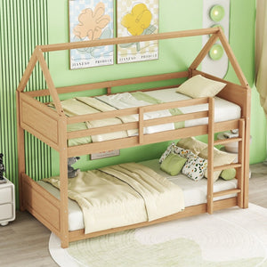 English Elm Twin House Floor Bunk Bed With Guardrails & Ladder - Solid Rubberwood, White Oak Finish, Ideal For Kids W504P227942-GIGA
