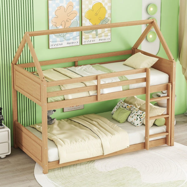 English Elm Twin House Floor Bunk Bed With Guardrails & Ladder - Solid Rubberwood, White Oak Finish, Ideal For Kids W504P227942-GIGA