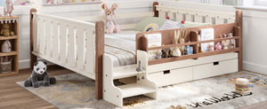 English Elm Queen Bunk Bed with Trundle Solid Pine Kids Car Themed Frame Built-in Bookshelf Beige W1580S00542