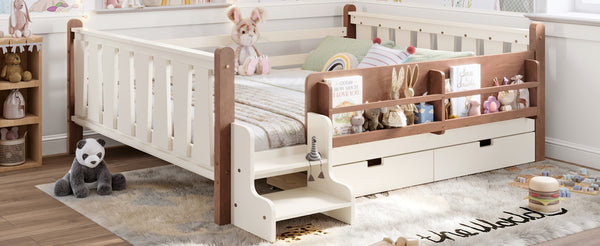 English Elm Queen Bunk Bed with Trundle Solid Pine Kids Car Themed Frame Built-in Bookshelf Beige W1580S00542